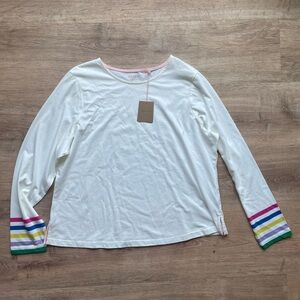 Boden Rainbow Stripe Cuff Long Sleeve Cotton Tee Ivory White Size 22 NWT Boho